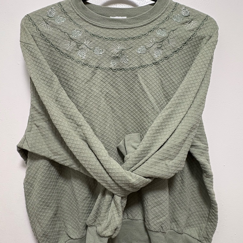 Sage Textured Sweater with Embroidery